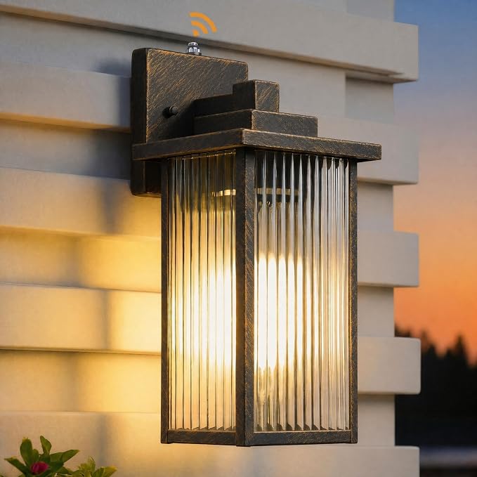 15-Inch Dusk to Dawn Outdoor Wall Light, Black Brush Gold All-Metal | Auto On at Dusk, Off at Dawn. Textured Glass Softens Glare. Waterproof Rust-Resistant Metal. Pre-Assembled DIY Install