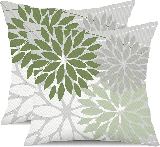 DFXSZ Pack of 2 Outdoor Waterproof Throw Pillow Covers 20x20 Green White | Polyester Colorful Spring Summer Floral Decorative Cushion Cases(NO INSERT),For Couch Patio Funiture Garden Home Decor