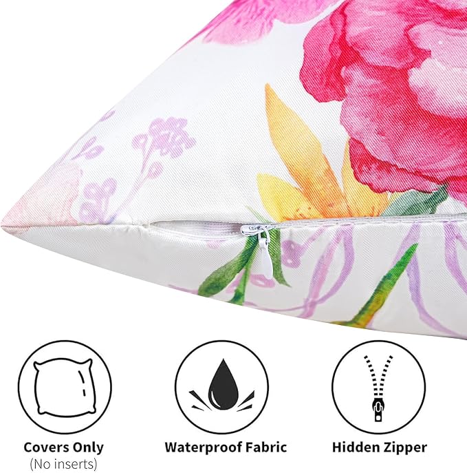 Merrycolor Outdoor Waterproof Throw Pillow Covers 18x18Inch Set of 4 Summer Flowers Accent Farmhouse Décor Hydrangeas Butterflies Birds Decorative Pillow Covers for Couch paito Garden Sofa Blue-Purple