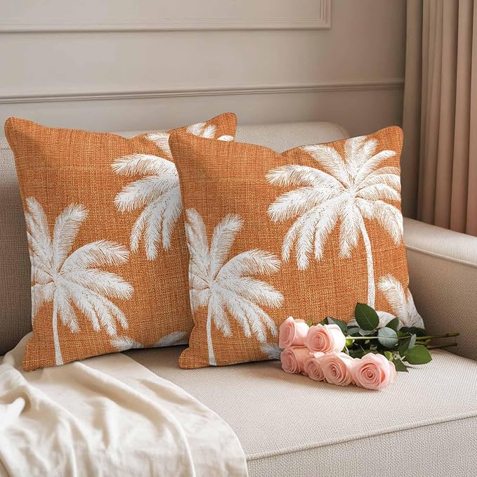 Outdoor Pillow Covers 18x18 Inch Set of 2, Burnt Orange Palm Trees Waterproof Throw Pillow Covers, Farmhouse Tropical Summer Beach Decorative Cushion Pillowcases for Couch, Sofa, Bed, Garden, Patio
