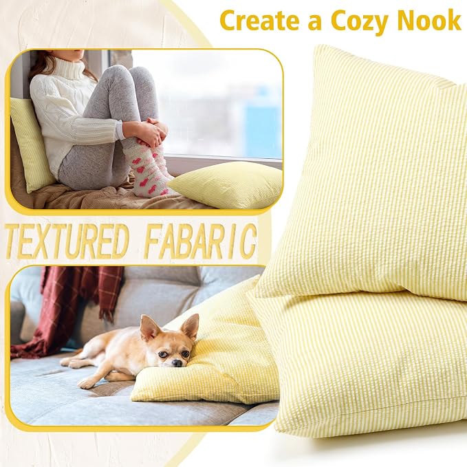 Huhumy Yellow Throw Pillow Cover 18" x 18" for Home Decoration Striped Modern Style Decorative Cushion Covers No Inserts Seersucker Pillow Cover for Living Room, Chair, Bed, Couch, Set of 4