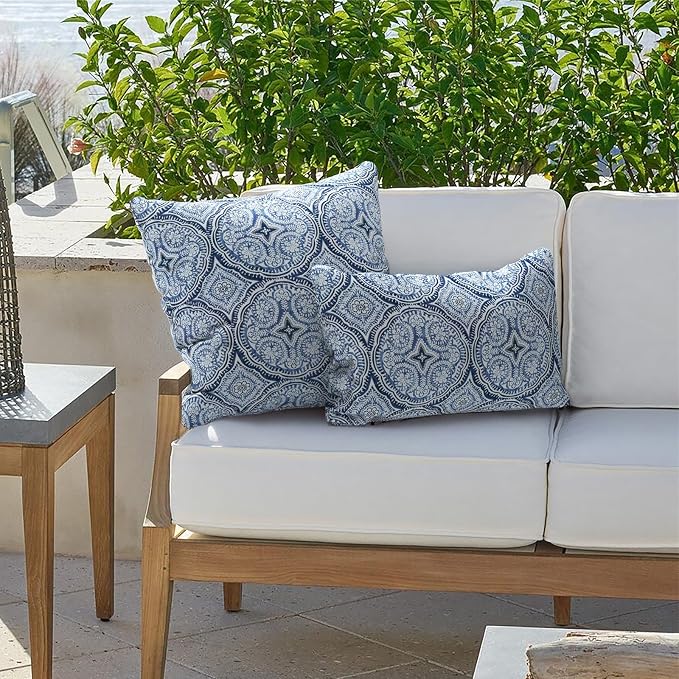 Outdoor Lumbar Pillows 12x20 inch, Rectangle Throw Pillows with Inserts, Decorative Lumbar Cushions for Patio Furniture Garden Couch Home Sofa Office Chair, Pack of 2,Medallion Blue