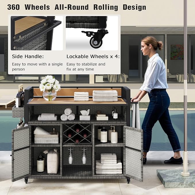 52.8" W Wicker Outdoor Bar Cart Table with Extended Plastic Wood Table Top, Outdoor Grill Cart with Large Storage Cabinet, for Patio Backyard Garden Poolside, Double Handle Design, Grey