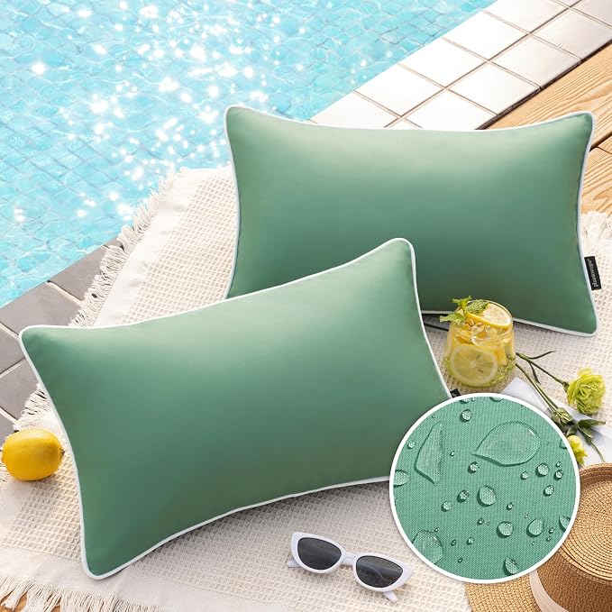 Phantoscope Pack of 2 Outdoor Waterproof Throw Pillow Covers Decorative Square Cushion Case Patio Pillows for Couch Tent, Pine Green 12x20 inches