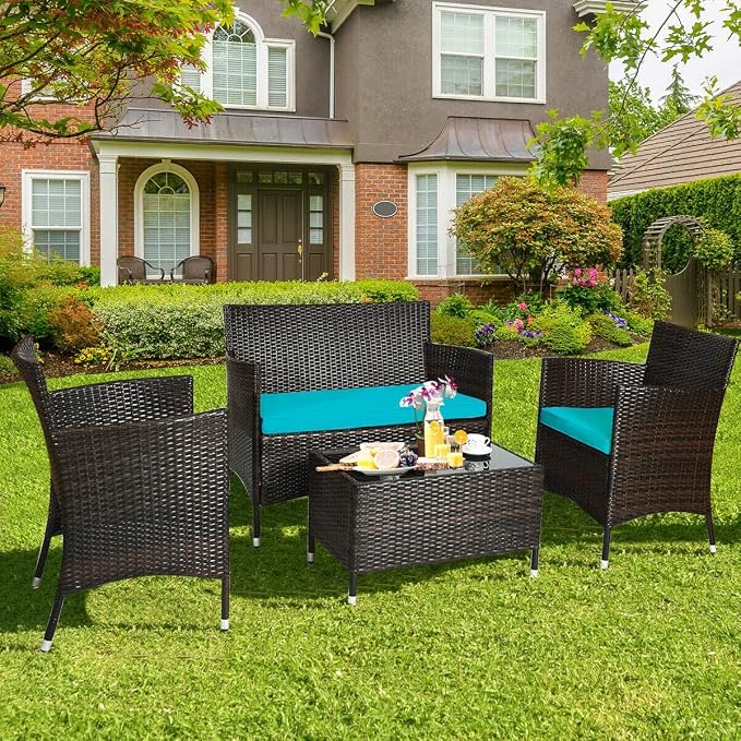 HAPPYGRILL 4-Piece Patio Furniture Set Rattan Wicker Conversation Set with Cushioned Sofa and Coffee Table for Outdoor Backyard Garden Poolside