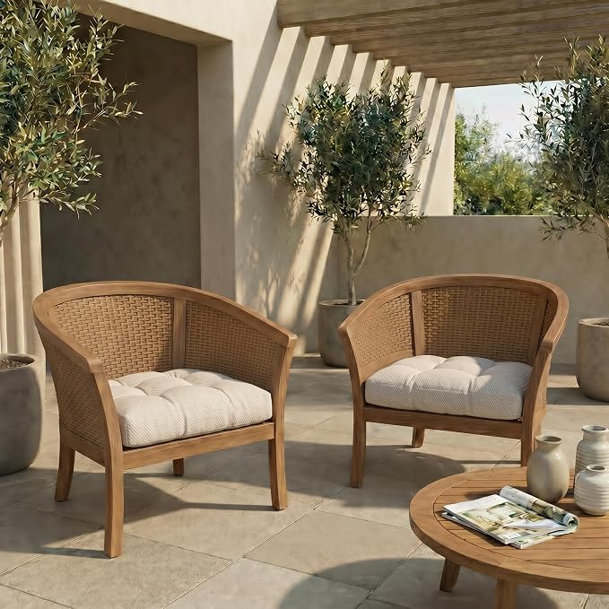 RSH DECOR: Sunbrella Tufted Wicker U-Shape Cushions Set of 2 | 19” x 19” | Outdoor Seat Cushions for Patio Furniture| Crafted with Sunbrella Performance Fabric | Made in USA (Cozy Quilt Bright White)