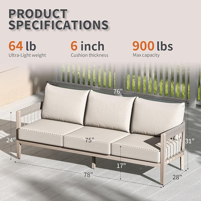 3-Seater Outdoor Sofa, Never-Rust Aluminum Patio Couch with Hand-Woven Rope Armrests & Extra Thick Cushions, Faux Wood Grain Finish Modern Outdoor Furniture Set for Balcony, Deck, Porch