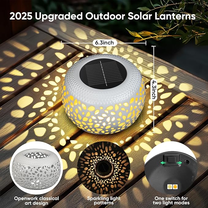 Solar Lanterns Outdoor Waterproof: 4 Pack White Hollow Out Metal Solar Lights - 2 Lighting Colors Outside Patio Garden Yard Porch Indoor Tabletop Decorations - Unique Gifts for Women Mom Wife