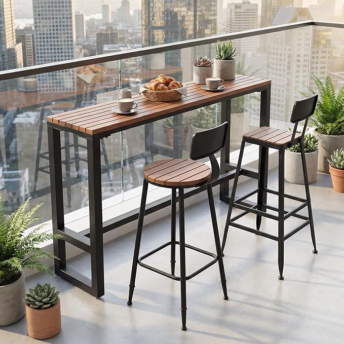 Outdoor Bar Table Weather Resistant, Wood Counter Height Bar Table Rain Sun Protection, Extra Long High Top Table 47.2"-102.4", for Patio, Garden, Yard, Balcony, Poolside(White,55.1"x15.7"x40.5")