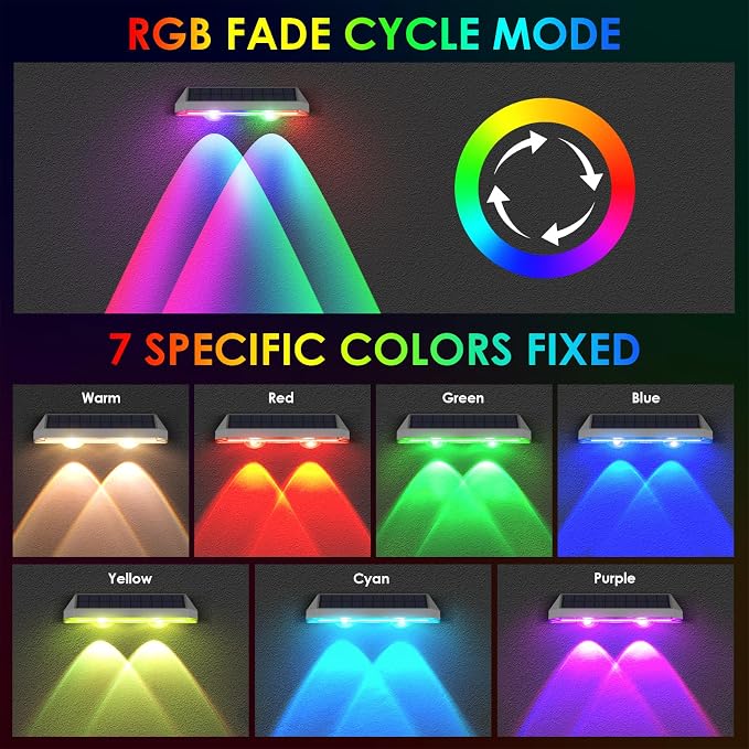 8 Pack Solar Fence Lights Outdoor - Warm White & RGB 6 Color, Dusk to Dawn Deck Light, Solar Powered Light Outdoor IP65 Waterproof, Solar Garden Lights for Outside/Backyard/Railing/Step/Patio/Wall