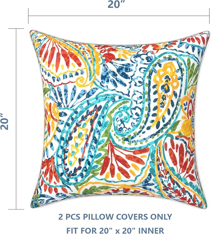 LVTXIII Pack of 2 Outdoor Throw Pillow Covers Accent Waterproof Pillow Covers ONLY, Patio Square Cushion Cases for Garden Balcony Couch Sofa Decoration 20x20 inch, Paisley Multi