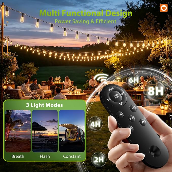 addlon 102FT Solar String Lights Outdoor, Waterproof,Dimmable, Last 20+ Hrs | Ideal for Large Backyard, Garden, Wedding, Party, Camping, 30+2 Shatterproof LED Bulbs, Timer Via Remote, Easy Install