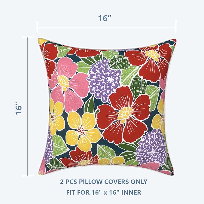 LVTXIII Outdoor Throw Pillow Covers Set of 2, Patio Waterproof Pillow Cases Fade Resistant Accent Pillow Covers for Home and Garden Furniture Decoration, 16x16, Flower Bloom