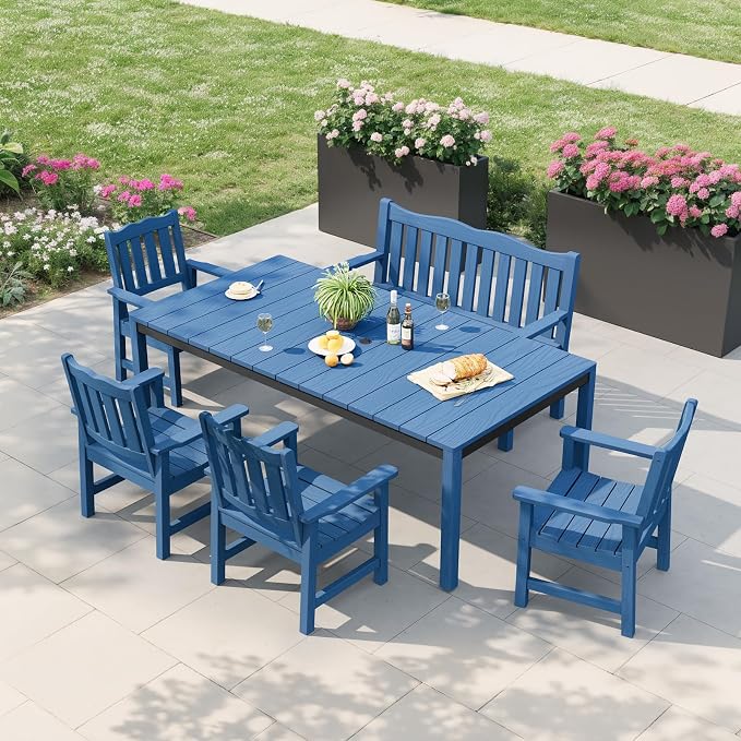 Stoog Outdoor Bench & Chairs Set, All-Weather Patio Furniture Set, Include 2 Patio Chairs and 1 Patio Bench, for Porch, Backyard, Lawn, and Garden, Blue