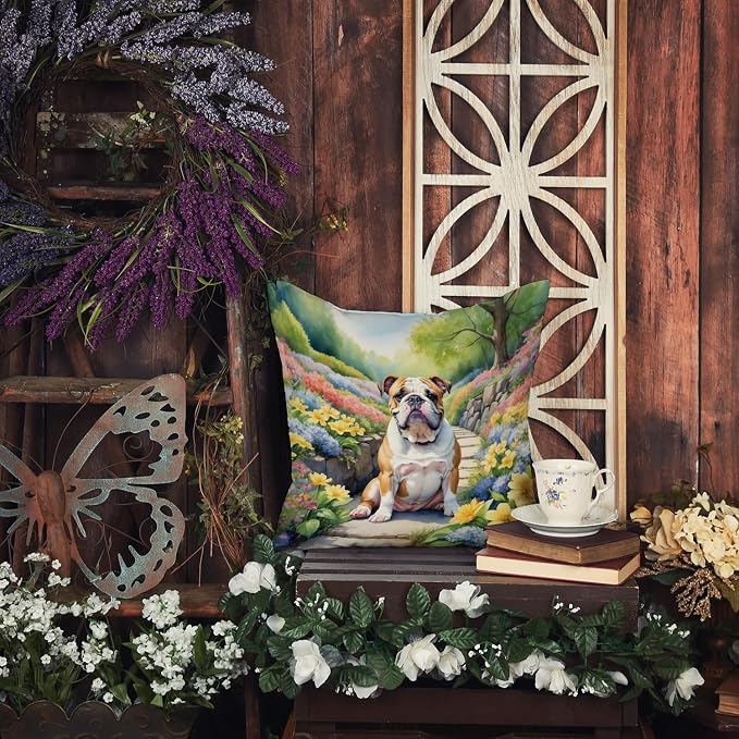 Caroline's Treasures English Bulldog Spring Path Throw Pillow Machine Washable, Indoor Outdoor Decorative Pillow for Couch, Bed or Patio, 14Hx14W