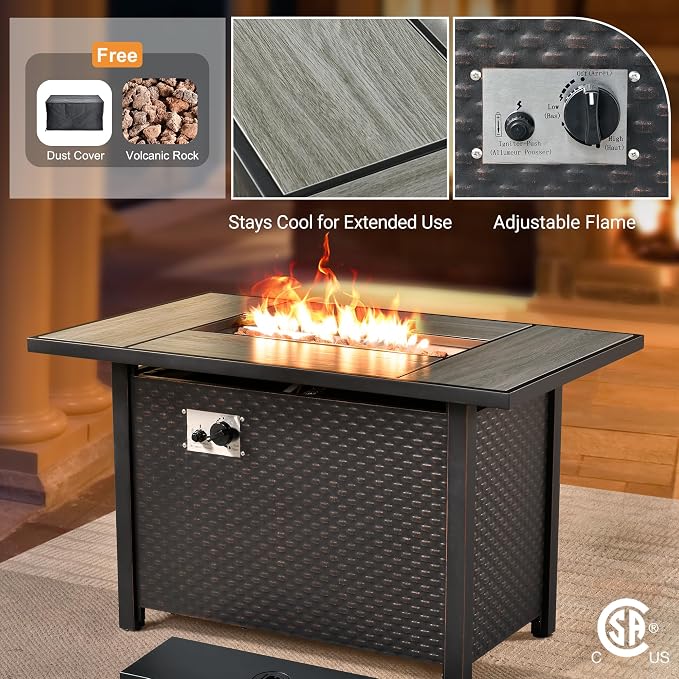 Outdoor Sectional Patio Furniture Set with Fire Pit,7 Pieces Rattan Conversation Sets,Out Door L Shaped Furniture with Glowing Coffee Table,Beige