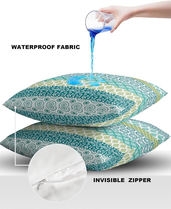 Outdoor Waterproof Throw Pillow Covers Set of 2 Teal Boho Stripe Tribal Vingtage Lumbar Pillowcases 20x20 Inch Green Bohemian Style Decorative Pillows Cushion Case Patio Pillows for Couch Bed Garden