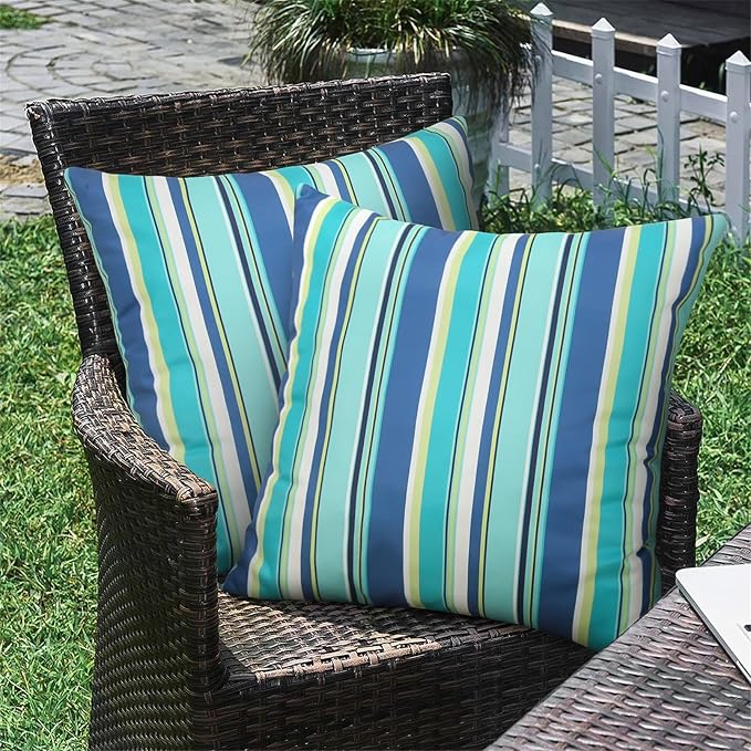 Adabana Patio Striped Outdoor Pillow Covers Waterproof Set of 2, 16"x16" | Colorful Decor, Blue Outdoor Pillows for Patio Furniture Garden Porch