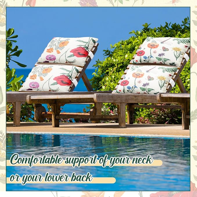 Juexica 2 Pack Chaise Lounge Pillow with Strap Outdoor Waterproof Beach Chair Neck Headrest Pillow Adjustable Elastic Band for Hammock Lumbar Recliner Pillows for Patio Pool Chair(Colorful Floral)