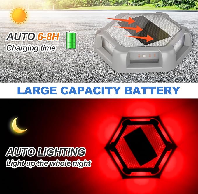 Solar Dock Lights Driveway Deck Lights - 12 Packs Waterproof Outdoor LED Aluminum Dock Lighting Warning Step Light for Driveway Sidewalk Garden Pathway Yard (Red)