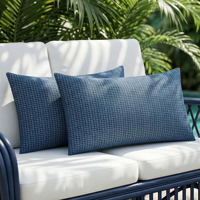 Lewondr Summer Outdoor Waterproof Throw Pillow Covers, Indigo, 12×20" | Pack of 2, Spring Decorative Lumbar Throw Pillow Cases Summer Garden Cushion Cover for Patio Sofa, Balcony Bench Couch