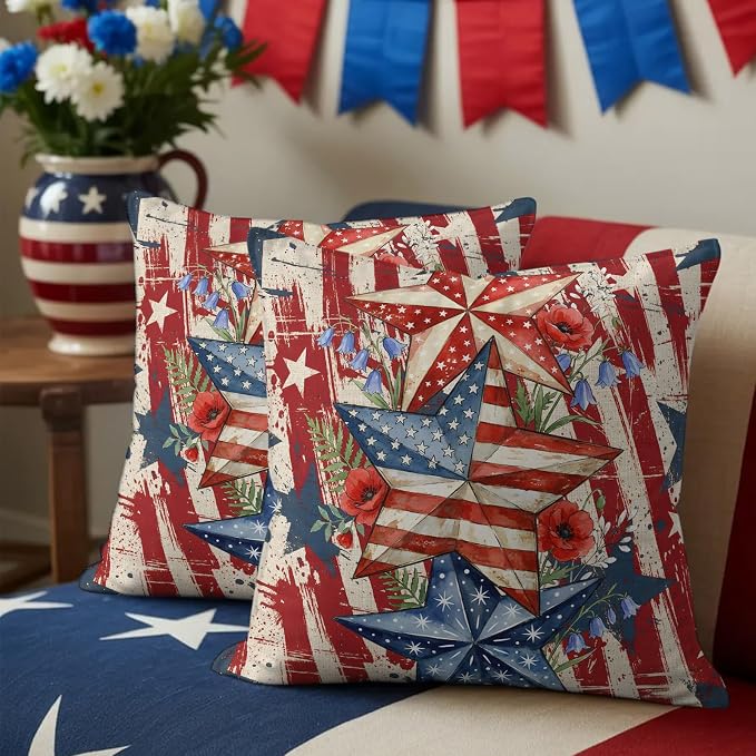 Independence Day Outdoor Pillow Covers 16"x16" Set of 2, Retro American Flag Star Red Flower Abstract Country Waterproof Throw Pillow Covers for Patio Furniture, Decorative Cushion Covers for Porch