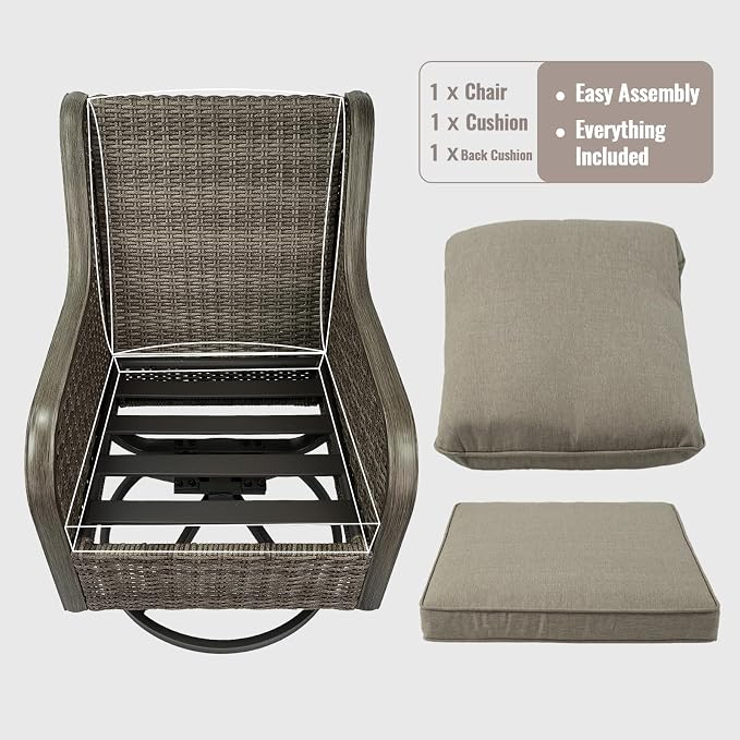 3 Pieces Patio Furniture Sets-Swivel Patio Chairs with High Back Cushions and Wicker Outdoor Side Table,All Weather Patio Conversation Set for Garden Backyard Porch Deck