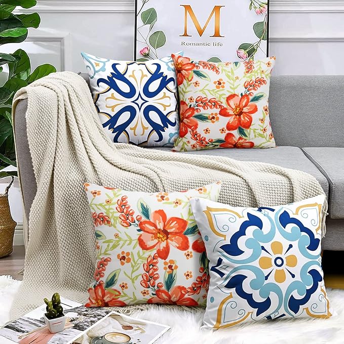 Pyonic Outdoor Pillows Covers Pack of 2 Spring Floral Waterproof Throw Pillow Covers 18X18 inch Outdoor Pillows for Patio Furniture Garden Square Outside Waterproof Pillow