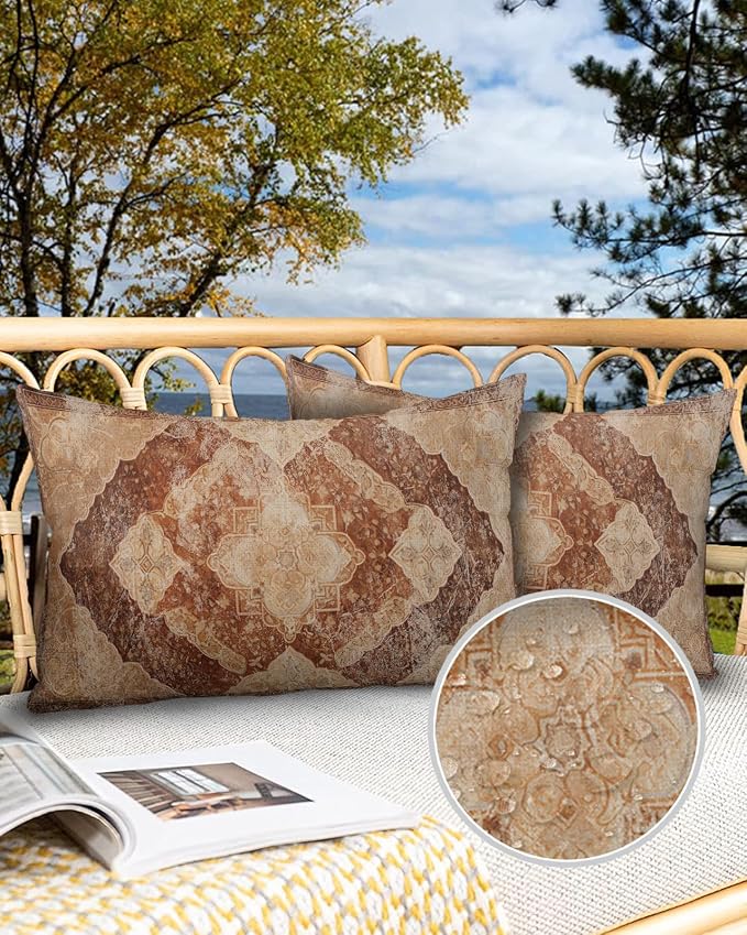 Prime Leader Outdoor Waterproof Pillow Covers Set of 2, Meddle Century Vintage Brown Mural Pattern Patio Throw Pillow Covers, Decorative Cushion Case for Couch Sofa Furniture Garden, 20x12 Inch