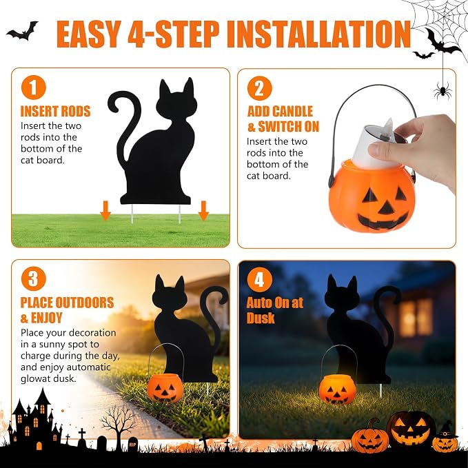 Fumete 4 Sets Halloween Decorations Outdoor Solar Pathway Lights Halloween Black Cats Yard Stakes Pumpkin Solar Candles Wire Free Garden Outdoor Lights for Yard Lawn Pathway Walkway Decorations