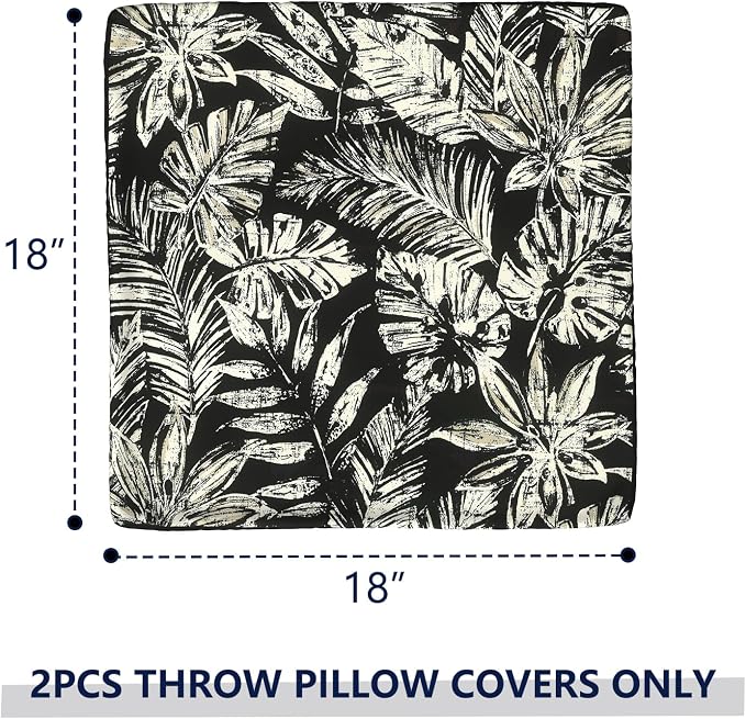 Outdoor Throw Pillow Covers 18x18 Inch, Decorative Pillow Covers for Patio Furniture, Tropical Leaf Black Modern Cushion Cases for Garden Couch Home Sofa, Pack of 2