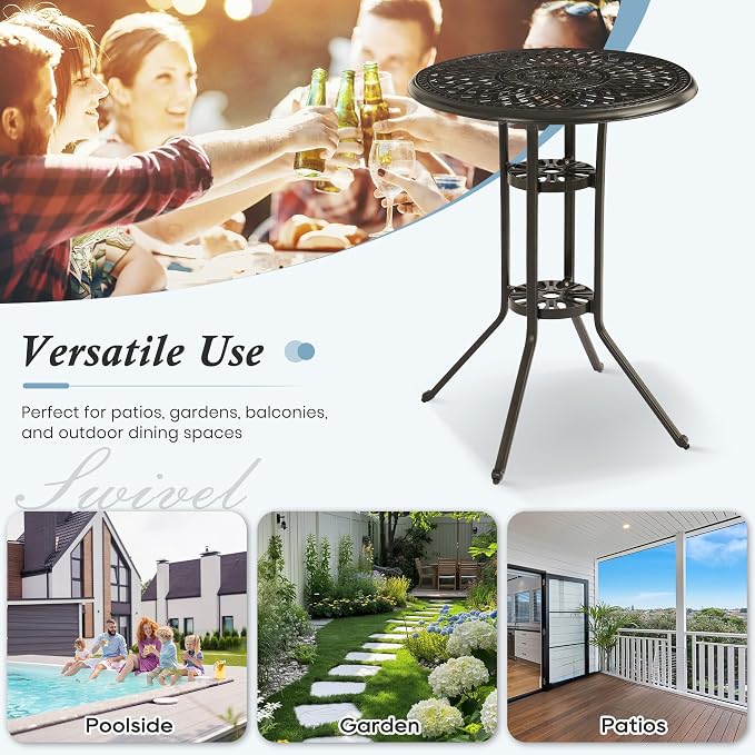 Patio Dining Table,Cast Aluminum Patio Tables with Umbrella Hole, Outdoor Bistro Table for Backyard, Garden, Patio (30" Round Table)