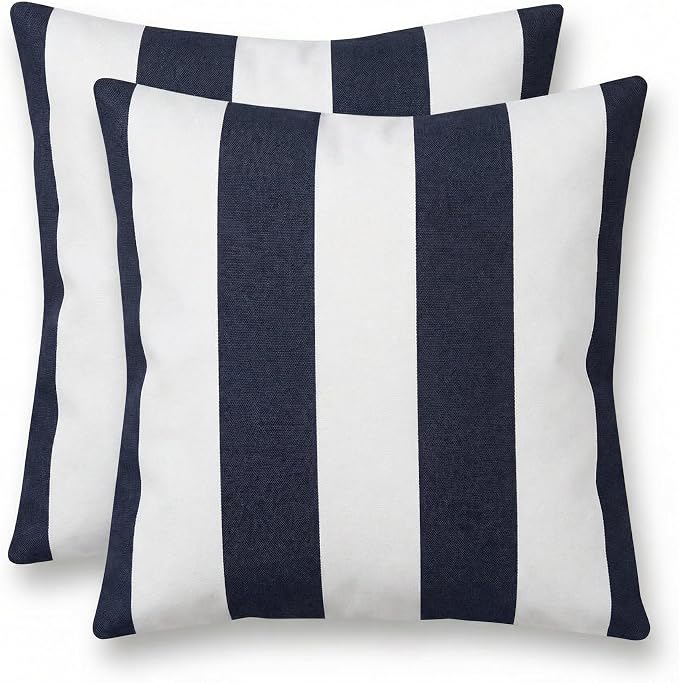 RSH DECOR: Sunbrella Square Throw Pillows Set of 2 | 20" x 20" | Water & Fade-Resistant | Outdoor Pillow Covers with Down-Alternative Inserts | Made in USA (Cabana Midnight Navy Stripe)