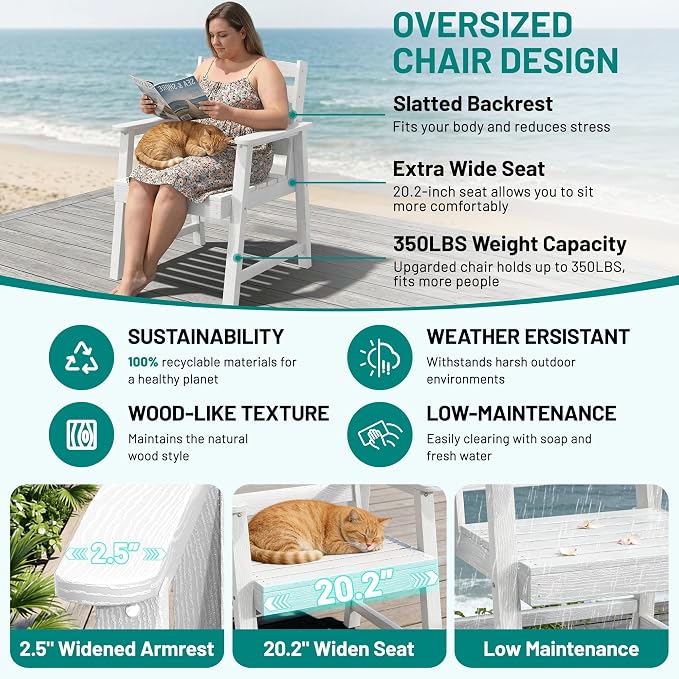 PLUUV Patio Dining Chairs Set of 2, HDPE Armless Patio Chairs with 350 lbs Weight Capacity, All-Weather Outdoor Dining Chairs for Backyard, Garden, Deck, Wood-Like Texture, White
