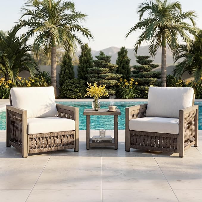 3 Pieces Patio Furniture Set, Outdoor Patio Sofa Set with 2 Armchair & Side Table, All-Weather Aluminum Garden Outdoor Contemporary Sofa Chair with Cushion for Porch Yard Deck, Gray Oak