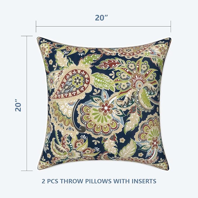 LVTXIII Set of 2 Patio Throw Pillows Waterproof 20"x20" Fade Resistant Outdoor Throw Pillows with Inserts, Decorative Garden Toss Pillow Cushions for Home Patio Sofa Use, Paisley Sapphire Blue