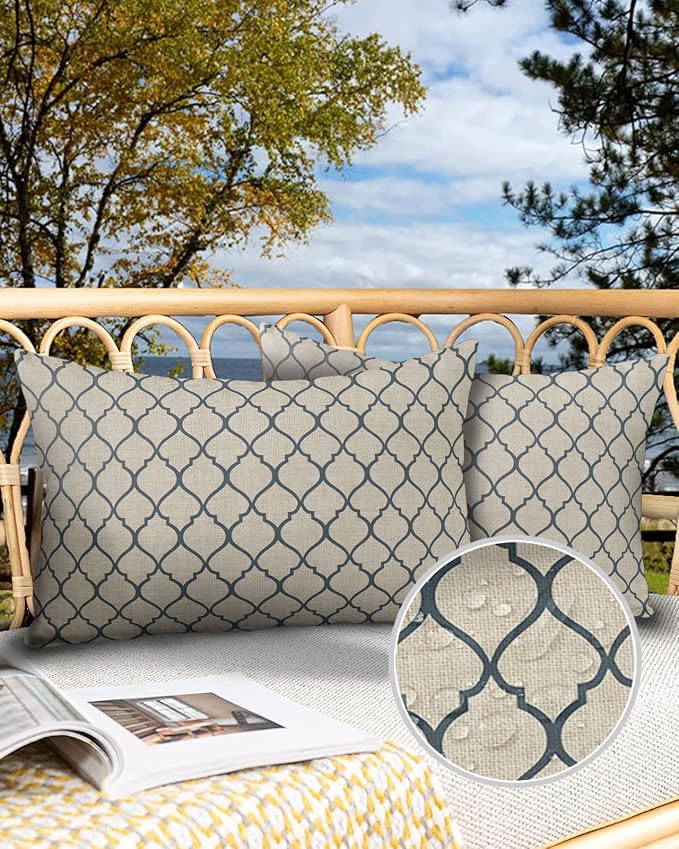 Dark Blue Moroccan Outdoor Pillow Shams Set of 2, Decorative Pillowcases Cushion Case, Soft Throw Pillow Covers Waterproof Pillow Case 20x12 Inch, Geometric Graphics Rustic Style