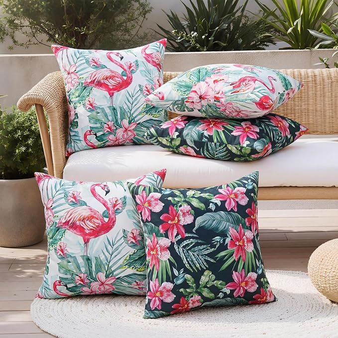 Pyonic Tropical Waterproof Outdoor Pillow Covers 18x18 inch Green Leave and Red Flowers Throw Pillowcase for Summer Patio Furniture Garden Porch Pool Decor