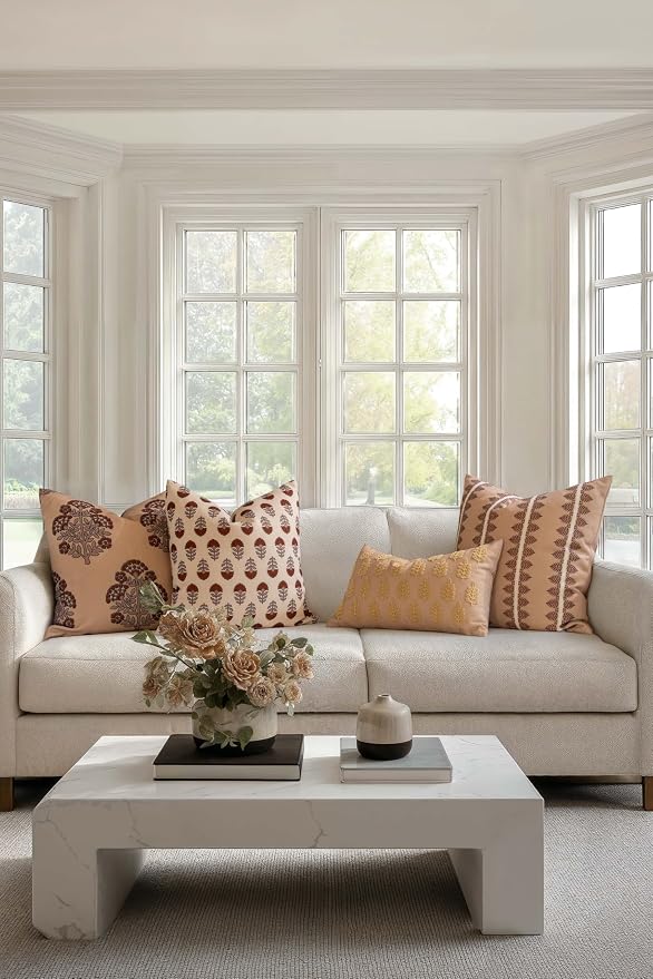 Crumbs Home Modern Farmhouse California Casual Indoor Outdoor Throw Pillow Cover, 20"x20" Water Repellent for Patio, Backyard, Couch, Poolside, Earth Tone Tan Rust Orange Block Print Hydrangea Flowers