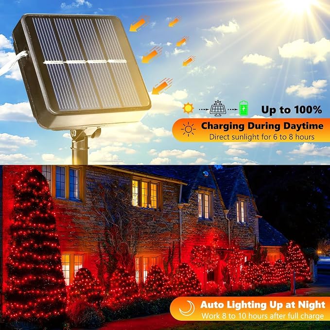 Lomotech Solar Fairy Lights Outdoor, 2 Pack Total 66ft 200 LED,Red | Solar String Lights Waterproof 8 Modes Twinkle Lights for Outdoor, Patio, Garden, Yard, Party, Wedding, Tree Decoration
