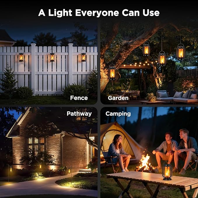 Hompavo Gen2 Solar Lanterns Outdoor Lights with Ultra-Real Flame | USB/Solar Charging & 4-Mode, Waterproof Decorative Hanging/Table Light for Pathway Yard Patio Garden Decor Gifts for Women, 2