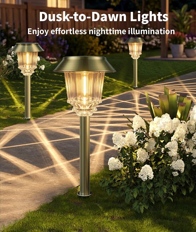 XMCOSY+ Solar Outdoor Lights, 6 Pack Solar Powered Landscape Lighting Path | 10-40 LM Dimmable Warm White Lighting 12H Auto On/Off All-metal & Aluminum Waterproof dor Landscape Lighting Garden Lights