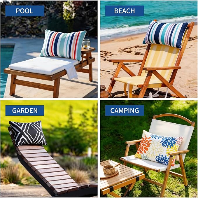 cygnus 2pcs Chaise Lounge Pillow with Strap Outdoor Waterproof Pool Chair Neck Headrest Pillows with Adjustable Elastic Band for Beach Patio Chair Recliner 16 x 11 Inches,Blue Striped