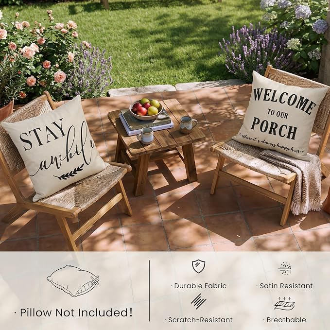 Front Porch Decor Pillows Outdoor Throw Pillow Covers Waterproof 18x18 | Set of 2, No Inserts, Stay Awhile Sign, Patio Pillows Outdoor Waterproof, Weather Resistant Outdoor Pillows, Porch Decor