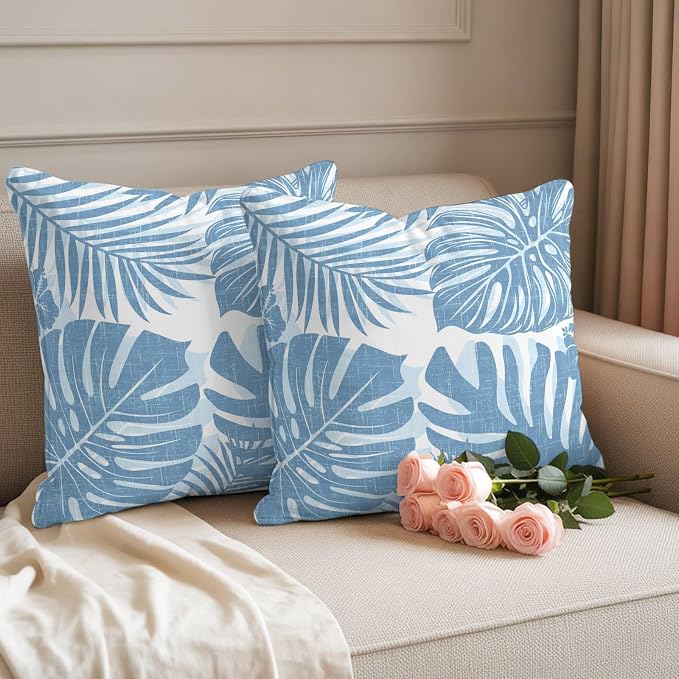 Coastal Blue Palm Leaves Outdoor Pillow Covers 18"x18" Set of 2, Tropical Botanical Minimalist Modern Waterproof Throw Pillow Covers for Patio Furniture, Decorative Cushion Covers for Porch