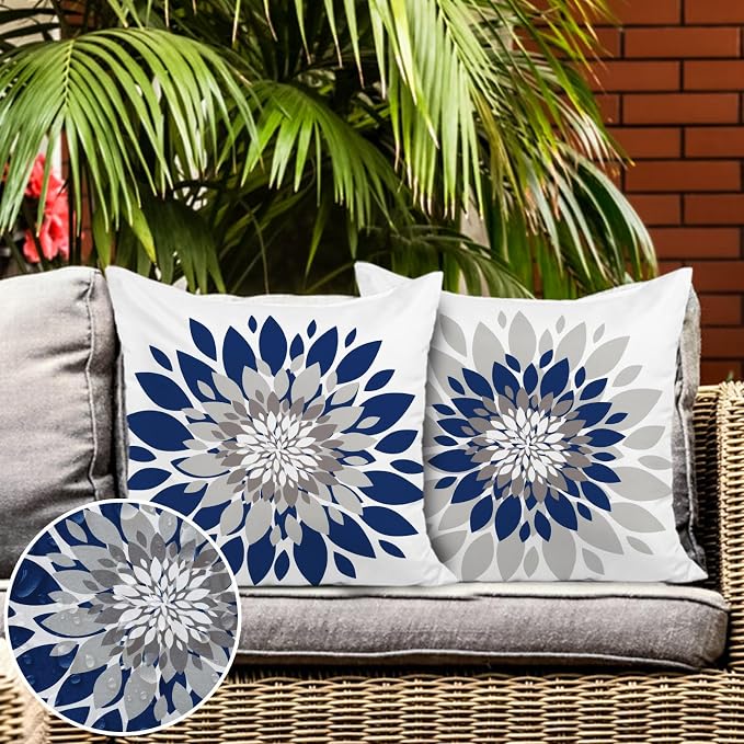 Dahlia Flower Outdoor Pillow Covers 18x18 Inch Set of 2 Waterproof Abstract Floral Summer Decorative Throw Pillow Covers for Patio Furniture Porch Couch Home Decor (Navy Blue Grey)