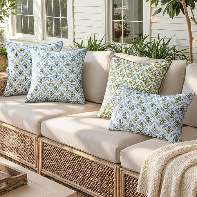 ANRODUO Floral Outdoor Waterproof Pillow Covers Set of 2 Blue 16x16 Inch | Square Block Print Decorative Cushion Cases With Refined Edge Piping for Summer Patio Porch Garden Couch Sofa Bench Decor