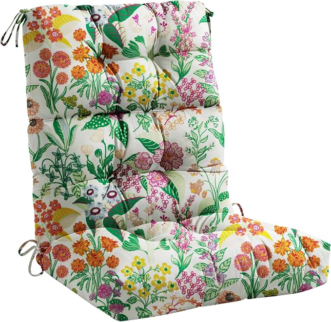 Tufted High Back Adirondack Chair Cushion 45"x21"x4",Floral | Patterned outdoor cushion with ties; premium padded design fits garden rocking chairs, multiple color options available