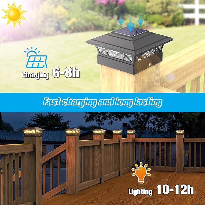 JOFIOS Post Cap Lights Outdoor 12pack, Black Deck Fence Post Lights Solar Powered with 16LEDS 2 Lighting Modes, 4x4/5x5/6x6 Waterproof Fence Post Solar Lights for Garden Patio Porch Backyard