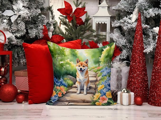 Caroline's Treasures Shiba Inu Spring Path Throw Pillow Machine Washable, Indoor Outdoor Decorative Pillow for Couch, Bed or Patio, 14Hx14W